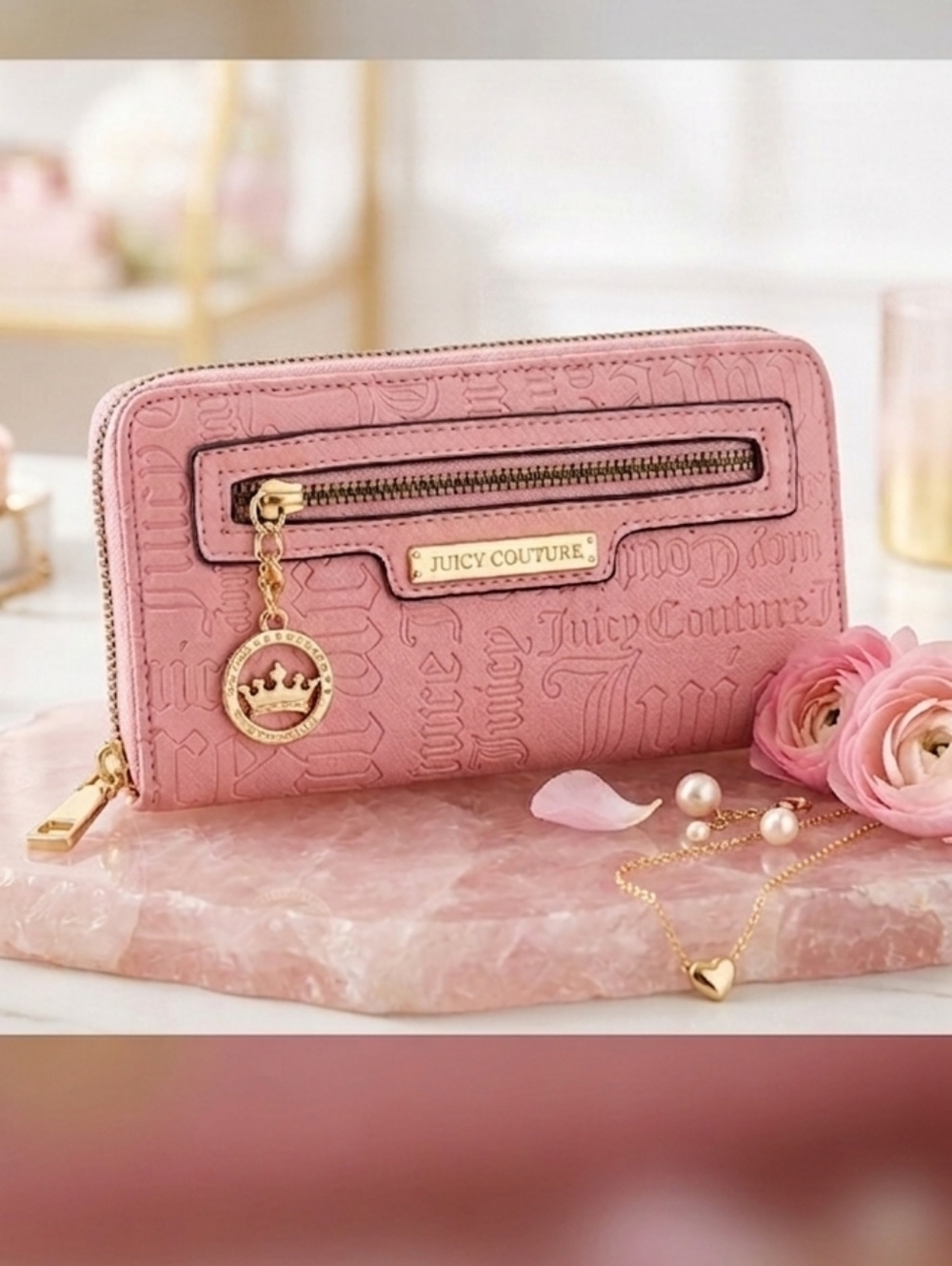 Juicy Couture Blush Pink Embossed Zip Wallet with Gold Hardware